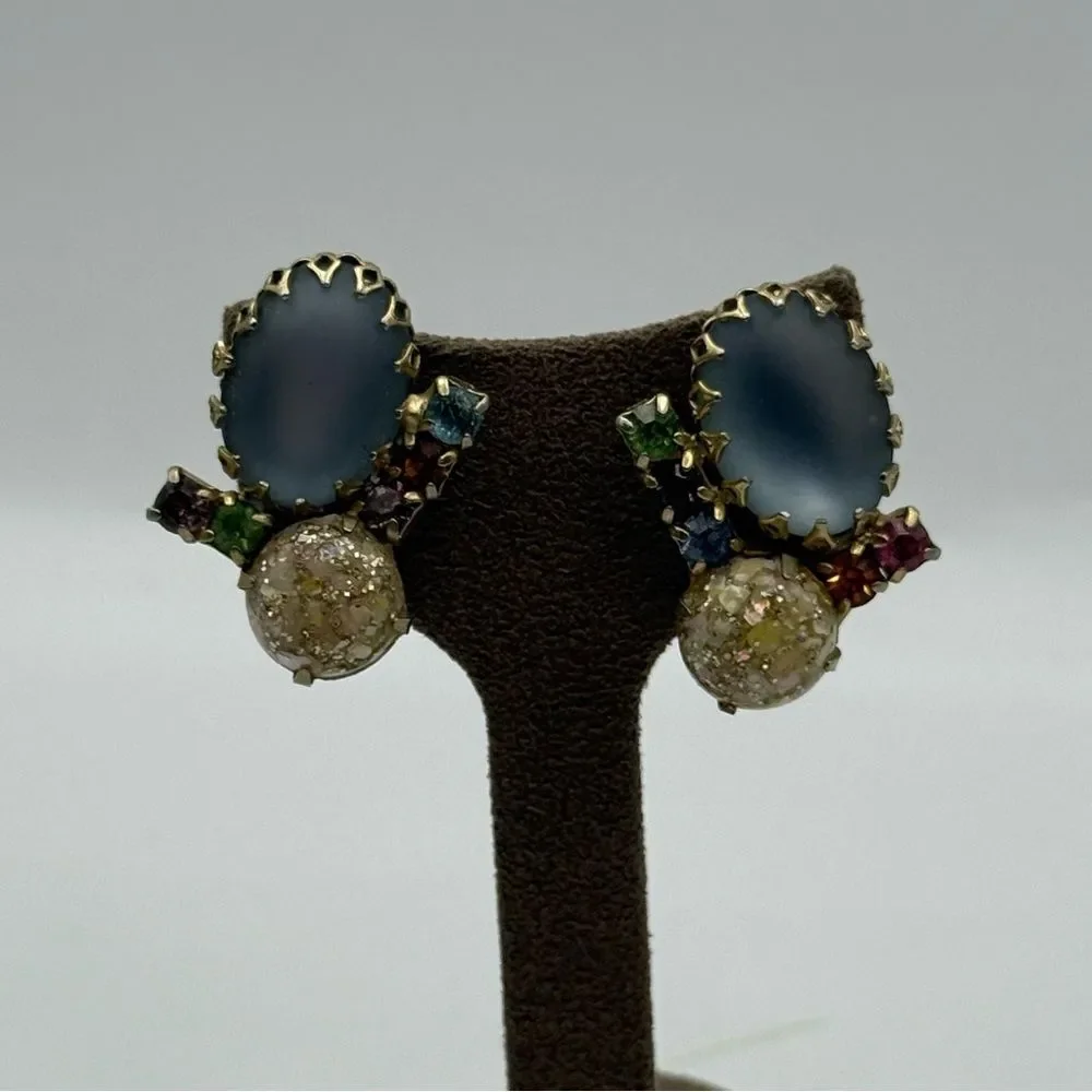 Vintage 1960s Chic Blue glass and Gold tone clip on Earrings